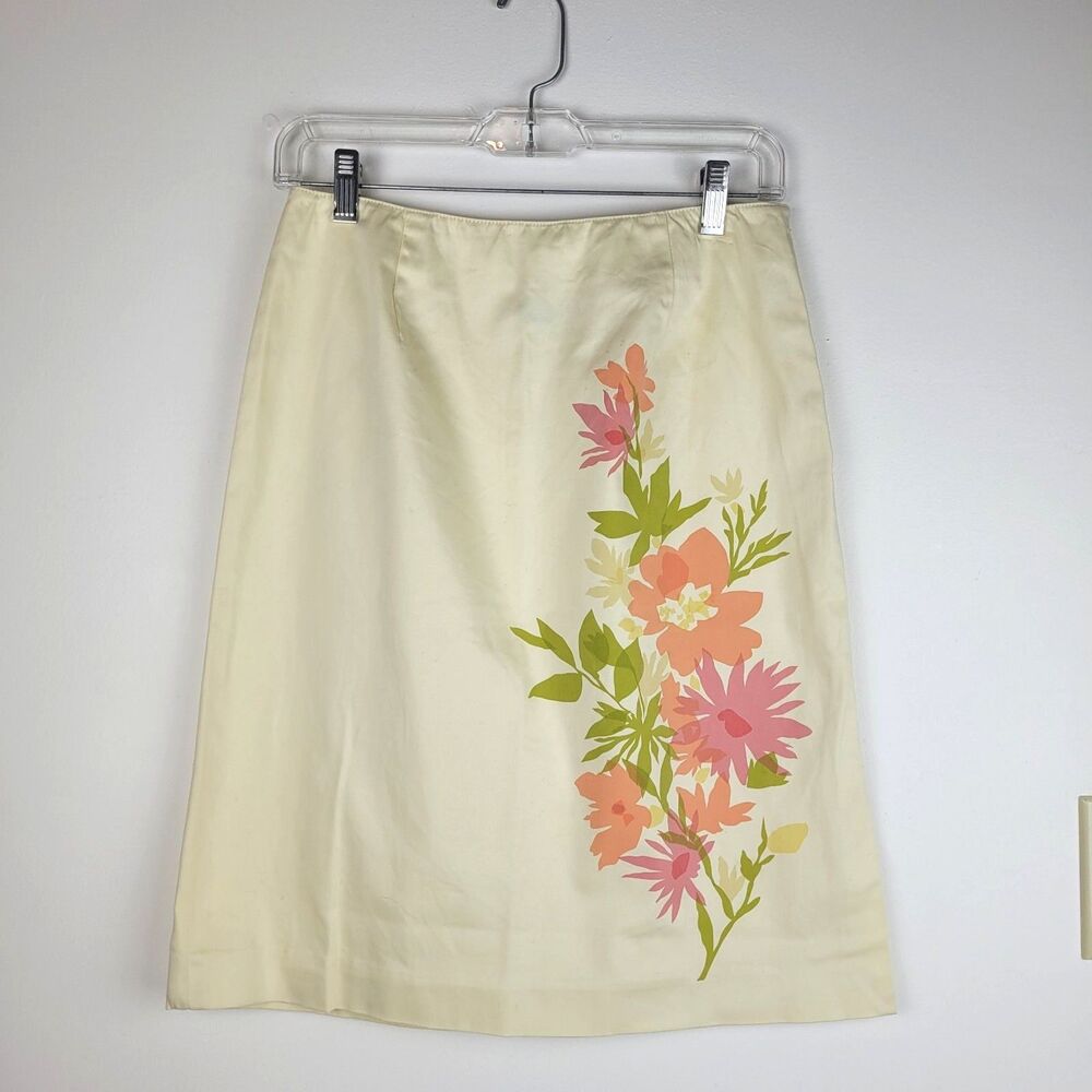 Ann Taylor Vintage Ivory cotton spandex pencil skirt pink floral design fairy 4P